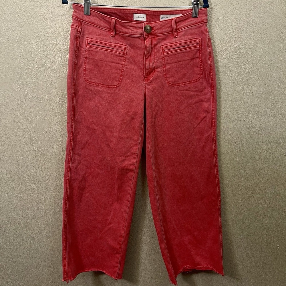 J Jill Wide‎ Leg Cropped Jeans Washed Red Stretch Raw Hem Summer Boho Size 6